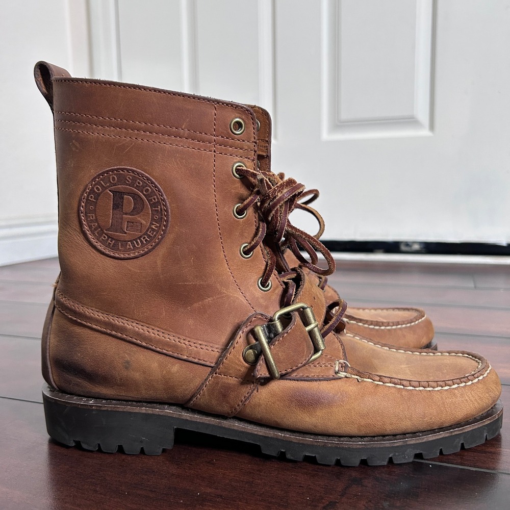 Polo Sport Ralph Lauren Ranger Boots Men's 9.5 Tan Leather Buckle Moc Toe